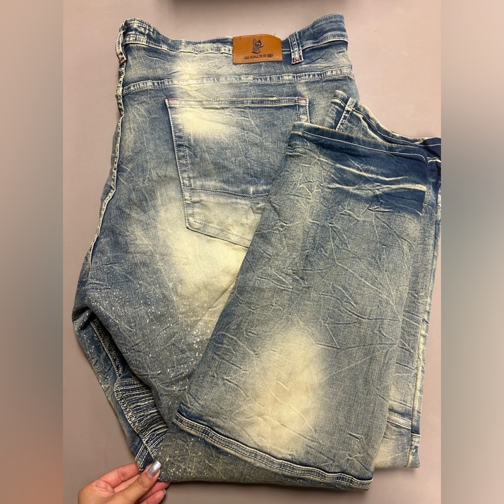 Makobi Camron Denim Biker Jeans Sz 50 x 32 Moto Light Wash Distressed Mens